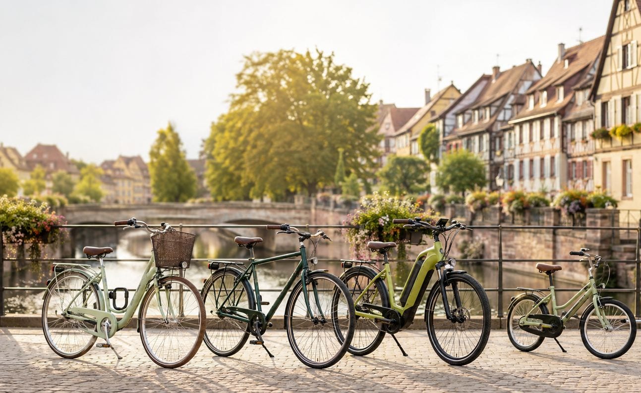 La flotte VÉLI SAFE au bord des canaux de Colmar : vélos classiques, vélo électrique et vélo enfant