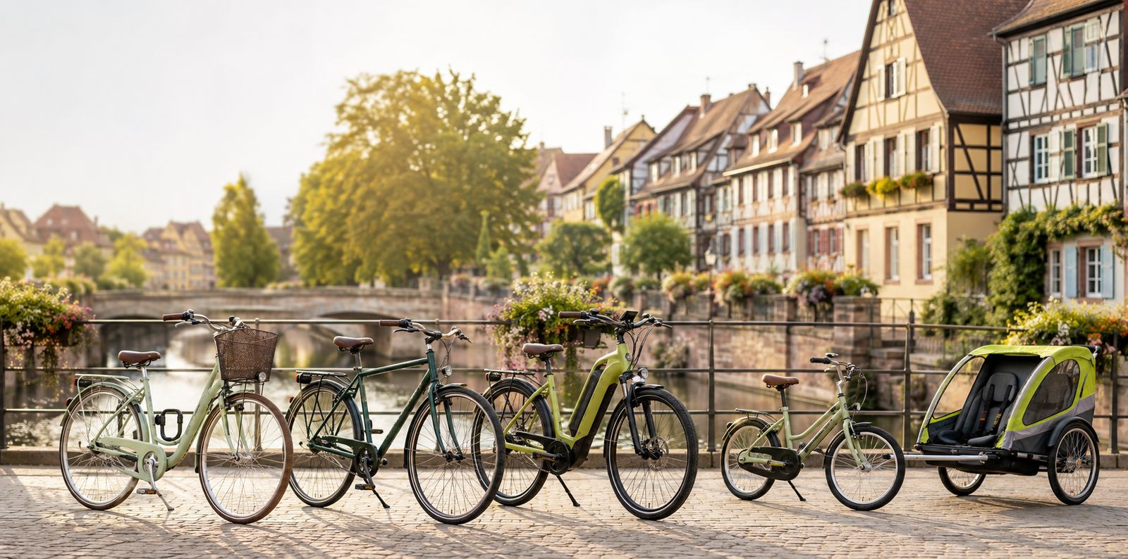 La flotte VÉLI SAFE au bord des canaux de Colmar : vélos de ville femme et homme, vélo électrique, vélo enfant et remorque