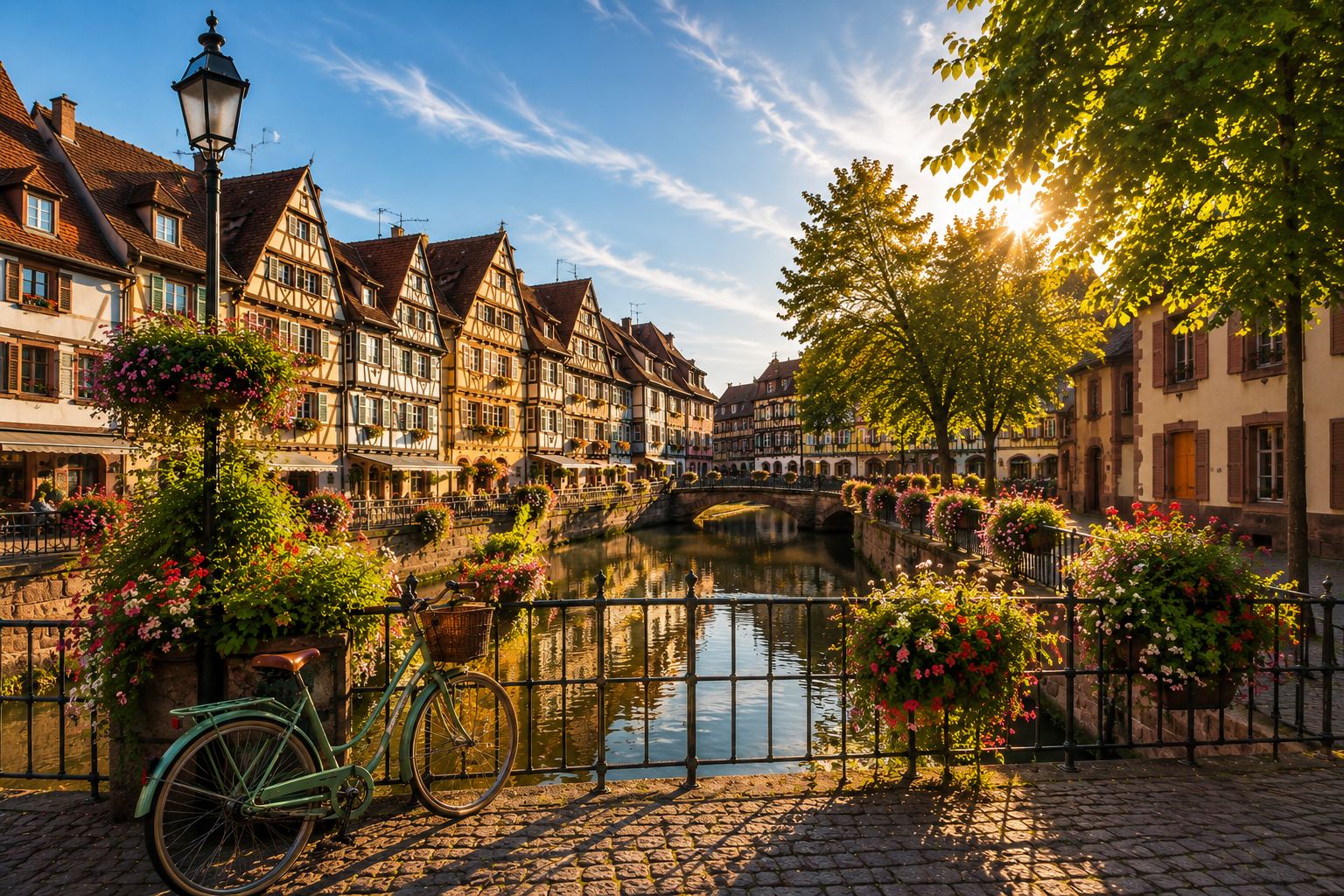 Vélo appuyé à une grille au bord des canaux de la Petite Venise, à Colmar